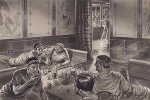 トリクリニウムで食事をするアングロ・ローマ人（紙にグワッシュ）
