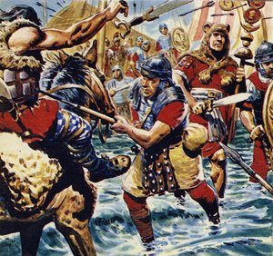 旗手の勇気に鼓舞され、他のローマ軍団も勇気を得た（カラーリトグラフ）
