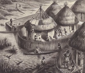グラストンベリーの湖の住人たち（紙にグワッシュ） 作： CL ダウティ