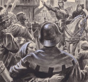 1453年に百年戦争が終結した後、イングランドに殺到した失業中の元軍人たちから軍を募った喧嘩中の貴族たち（紙にグワッシュ）