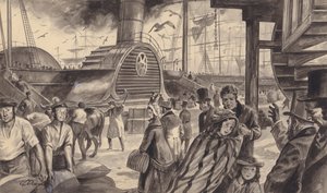 1840年に隔週でアメリカ航路を開始したキュナード社の蒸気船ブリタニア号（紙にグワッシュ）