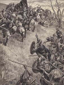 正体不明の戦闘シーン（紙にグワッシュ）