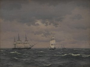 さわやかな風と他のいくつかの船で帆を揚げるコルベット 作： Christoffer Wilhelm Eckersberg