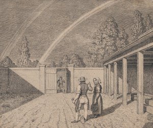 2 つの虹が頭上にある安定した庭で会話するカップル、「Linear Perspec...」、1841 年。 作： Christoffer Wilhelm Eckersberg