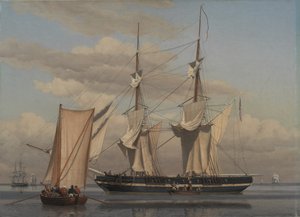 帆が乾いている間、アンカーに横たわっているアメリカ海軍ブリッグ 作： Christoffer Wilhelm Eckersberg
