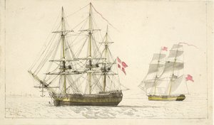 停泊中のデンマークのフリゲート艦と帆走中のイギリスのブリッグ艦 作： Christoffer Wilhelm Eckersberg