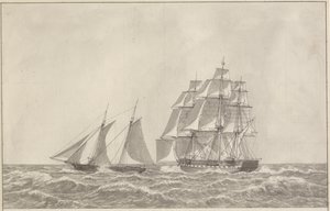追跡中のフリゲート艦を追い越すスクーナー 作： Christoffer Wilhelm Eckersberg