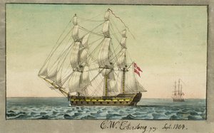 風下側から見た帆走中のデンマーク軍艦 作： Christoffer Wilhelm Eckersberg