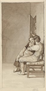 半開きのドアの中でカップルが女性に見守られている 作： Christoffer Wilhelm Eckersberg