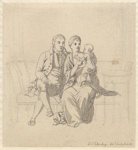 ソファに座っている若い夫婦、腕に子供を乗せた彼女 作： Christoffer Wilhelm Eckersberg