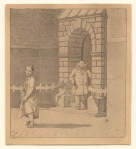 若い女の子がドレスを少し持ち上げているストリートフォト。 背景には杖を持った老人 作： Christoffer Wilhelm Eckersberg