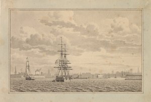 Yderhavnen から見たコペンハーゲン。停泊中のブリッグとセーリング スループ。 作： Christoffer Wilhelm Eckersberg