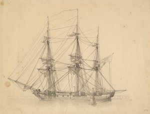 艦隊の寝台に係留されたコルベットのフローラは、帆を乾かします。 作： Christoffer Wilhelm Eckersberg