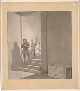 階段を降りる途中の男性、背景に女性と子供 作： Christoffer Wilhelm Eckersberg
