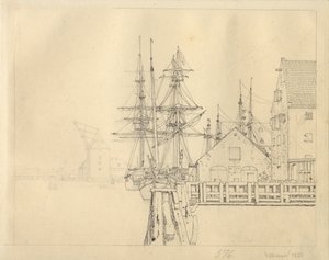 マステクランのクリスチャンハウンにある造船所の 1 つを背景に撮影。 作： Christoffer Wilhelm Eckersberg
