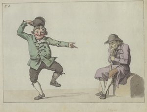 風刺雑誌。 座っている老人を指差しながらジャンプして笑う男性 作： Christoffer Wilhelm Eckersberg