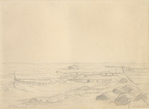岩に打ち寄せる波と桟橋のあるビーチエリア。 作： Christoffer Wilhelm Eckersberg