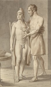Telemachos は、羊飼いの Eumaios - Odysseus で物乞いを装ったオデュッセウスに会います。 構成全体の断片。 作： Christoffer Wilhelm Eckersberg
