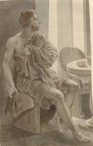 Telemachos は、羊飼いの Eumaios - Odysseus で物乞いを装ったオデュッセウスに会います。 構成全体の断片。 作： Christoffer Wilhelm Eckersberg
