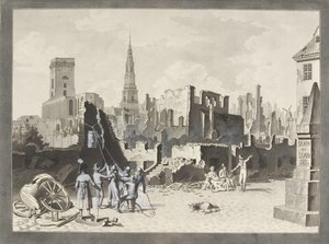 1807 年 9 月のイギリス軍の砲撃の後、ウルフェルト広場、現在はグローブロダートルフと呼ばれる 作： Christoffer Wilhelm Eckersberg
