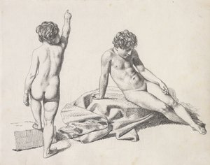 2 人の裸の少女、1 つは正面から見た座っている、もう 1 つは後ろから見た立っている