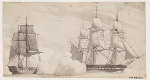 戦闘中の 2 隻の軍艦 (イギリスのフリゲート艦シャノンとアメリカのフリゲート艦チェサピーク?) 作： Christoffer Wilhelm Eckersberg