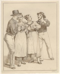 2 人の船員が 2 人の女の子を扱います。 作： Christoffer Wilhelm Eckersberg