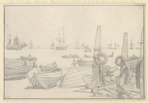 Helsingør の南のビーチから護衛船のブリッグ "Falster" を見る。 作： Christoffer Wilhelm Eckersberg