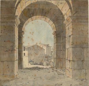ローマのコロッセオの 2 階のアーチの 1 つを通して北を見る 作： Christoffer Wilhelm Eckersberg