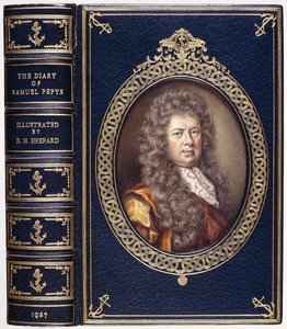 「サミュエル・ピープスの日記」の本の表紙、サミュエル・ピープスの楕円形の肖像画