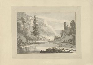 川岸に羊飼いがいる山の風景 作： C. Brouwer