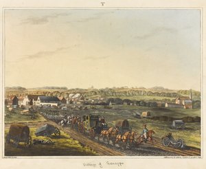 「ウォータールーの戦いの歴史的記述」からのジェナップの村、1817年に着色されたアクアチント 作： C. C. Hamilton