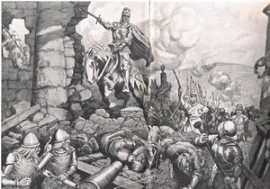 ハーフルールの包囲戦でのヘンリー5世、ロンドンのカッセル発行の「陸と海での英国の戦い」のイラスト、1910年頃（リソ） 作： C. Dudley Tennant