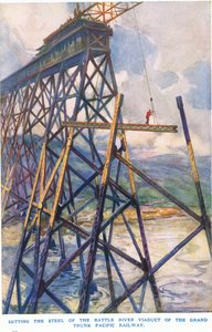 グランド トランク パシフィック鉄道のバトル リバー高架橋に鋼を設置 作： C. Dudley Tennant