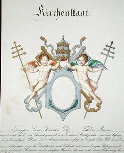 バチカンの教会国家の紋章、ドイツで出版された水彩画集より、1830〜33年頃（カラーリトグラフ） 作： C. Hildebrandt