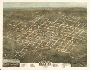 1872 年、ノースカロライナ州ローリー市の鳥瞰図。