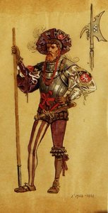 An Armoured Courtier」（「お気に召すまま」の衣装デザイン）、R.Courtneidgeプロデュースによる「Princes Theatre」（マンチェスター）。 作： C. Wilhelm