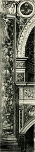 Callisto Piazza (ca 1500-1561 または 1562) によって装飾されたピラスター ストリップ、Tempio Civico della Beata Vergine Incoronata (Temple of Blessed Virgin Mary Crowned)、ロディ、ロンバルディア、イタリア、木版画 作： Callisto Piazza