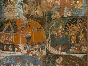 Boudha (Dasa Jakata) の最後の 10 の前世 (詳細)。 18世紀後半のカンボジア。 ペイント 作： Cambodian School