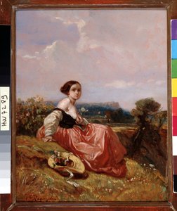 Sainte Mountain Victoire の前で帽子をかぶった少女 Camille Roqueplan (1803-1855) による絵画 Dim. 18x23 cm 必須の言及: プロヴァンス、マルセイユのコレクション財団について