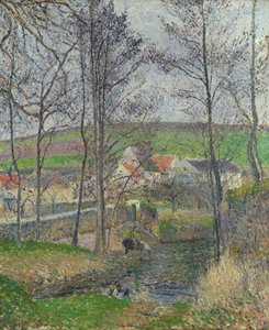 灰色の天気、冬のオスニーでヴィオスネのほとり 作： Camille Jacob Pissarro