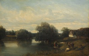 ウォッシャーウーメンのある川沿いのコテージ、1835年。 作： Camille Flers