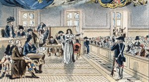 1793 年 10 月 14 日の公判で裁判官の前に立つ、フランスの女王マリー アントワネット。 作： Camille Gilbert
