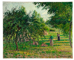 エラニーでのリンゴの木と干し草メーカー、1895 作： Camille Jacob Pissarro