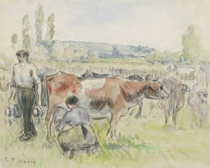Eragny-sur-Epte、1884年の搾乳シーンの組成研究（黒いチョークの上の水彩画） 作： Camille Jacob Pissarro