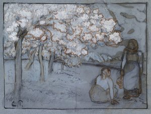 果樹園で会話する2人の女性農民の構成研究c。 1894年（青の紙にボディカラーで高まった木炭に赤茶色とインドのインク） 作： Camille Jacob Pissarro