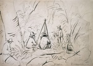ベネズエラのモンアビラへの小旅行（紙にペンとインクが付いた鉛筆） 作： Camille Jacob Pissarro