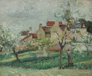 開花梅のトレス、ポントワーズ;梅の花、ポントワーズ、1876年頃 作： Camille Jacob Pissarro