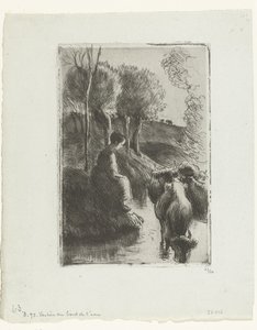 水辺で牛と羊飼い ヴァシェール オー ボール ド ロー 作： Camille Jacob Pissarro