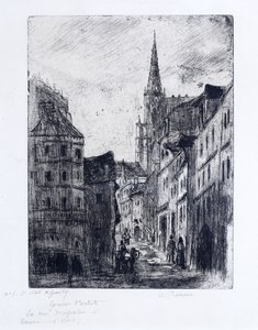La Rue Malpalue a Rouen、1885年 作： Camille Jacob Pissarro